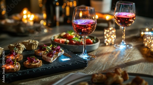 Romantic dinner with wine, appetizers, and candles.