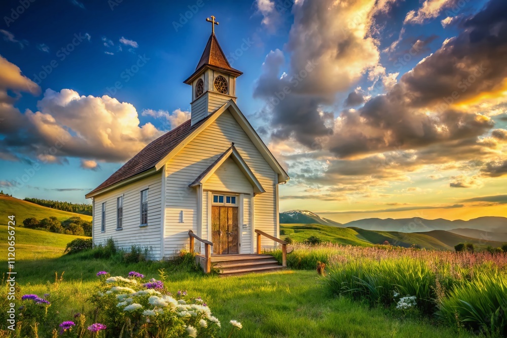 A rustic white wooden church with a steeple sits peacefully in a picturesque landscape, surrounded by lush greenery and accentuated by a vibrant sky. A rustic white wooden church with a steeple sits peacefully in a picturesque landscape, surrounded by lush greenery and accentuated by a vibrant sky.