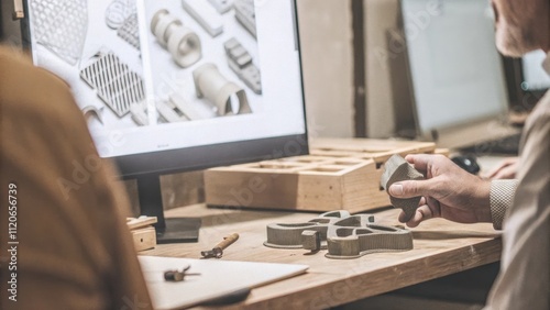 An engineer examining a digital screen displaying 3D models of lightweight alloy parts while surrounded by various prototypes on a workbench. photo