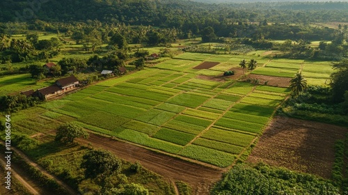 Aerial view of lush green fields in a rural area with farmers working the land, tractors plowing, and crops neatly lined