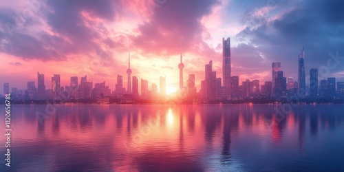 Futuristic Skyscrapers at Dawn with Vibrant Colors and Reflections in Water, Architectural Cityscape for Business and Corporate Use