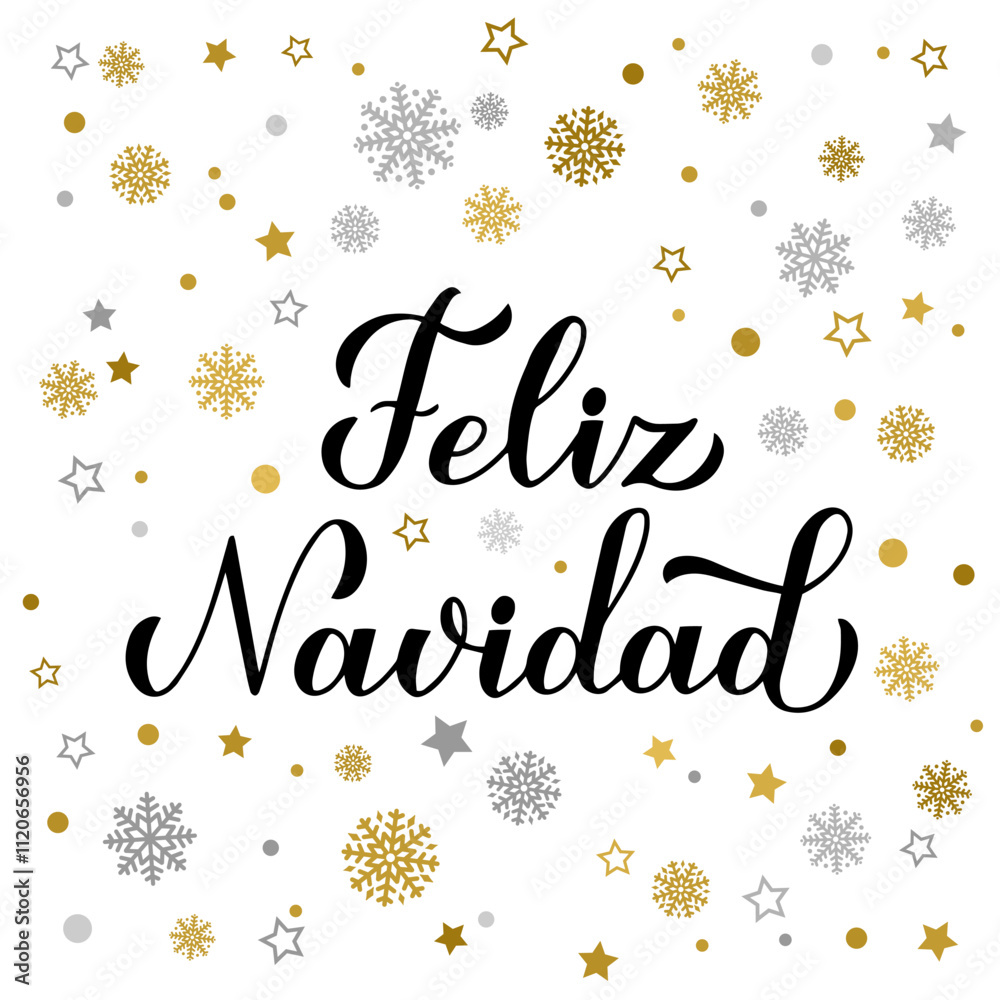 Feliz Navidad calligraphy hand lettering with gold and silver snowflakes, stars and dots. Merry Christmas typography poster in Spanish. Vector template for greeting card, banner, flyer, etc.