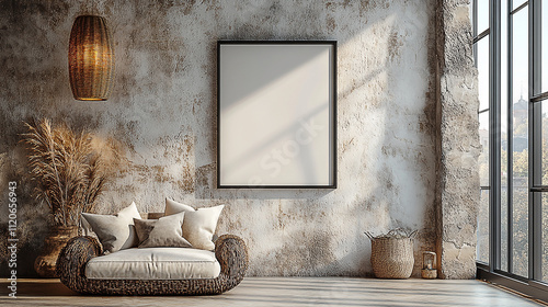 A room with a beige couch, a blank framed poster, and a textured wall. Large windows let in light.
