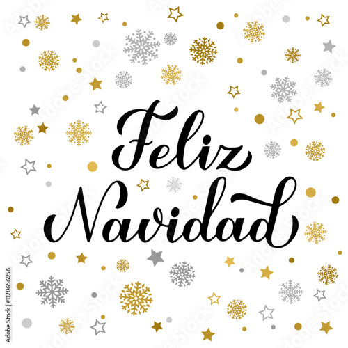 Obraz na płótnie Feliz Navidad calligraphy hand lettering with gold and silver snowflakes, stars and dots. Merry Christmas typography poster in Spanish. Vector template for greeting card, banner, flyer, etc. w salonie