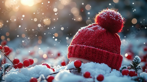 Red Knit Hat Snow Berries Winter Scene photo