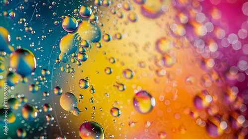 Macro shot of a water-oil emulsion against a colorful background.