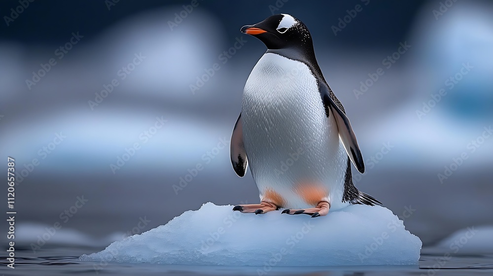 Fototapeta premium Gentoo Penguin Standing on Iceberg in Antarctic Waters with Blurred Blue Ice Background : Generative AI