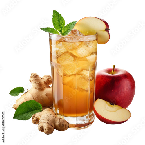 Apple and Ginger Cooler with Whole Apple and Leaf Garnish on White Background