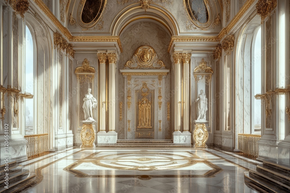 Obraz premium Baroque palace with gilded decorations, large courtyards, and marble statues