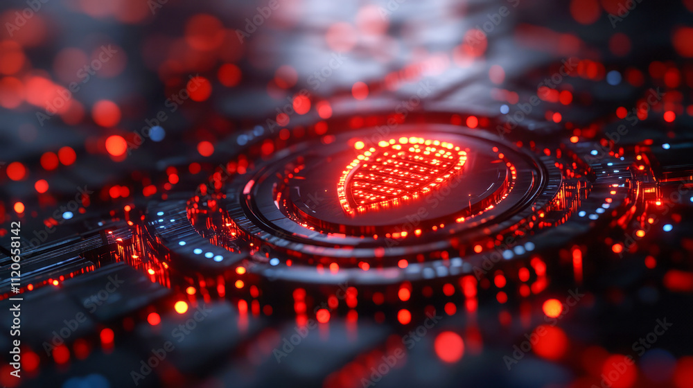Red cybersecurity shield with circuitry and led lights Red cybersecurity shield with circuitry and led lights