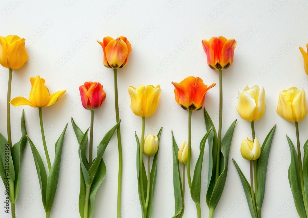 Colorful tulips of various shades arranged in a line on a white background, symbolizing spring and beauty. Floral design concept for decoration ideas. Colorful tulips of various shades arranged in a line on a white background, symbolizing spring and beauty. Floral design concept for decoration ideas.