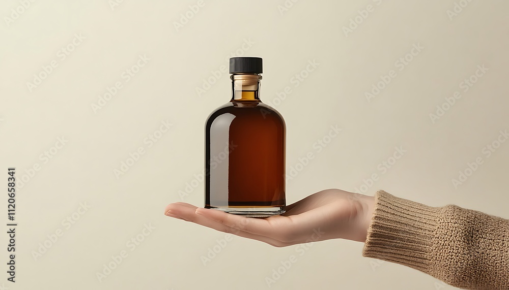 A hand holding a small glass bottle filled with a dark liquid against a neutral background. A hand holding a small glass bottle filled with a dark liquid against a neutral background.