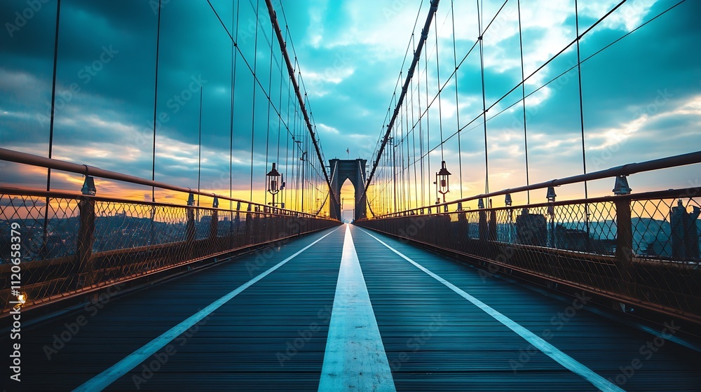 Obraz premium Scenic view of the famous Brooklyn Bridge captured during a colorful sunset evening in New York City : Generative AI