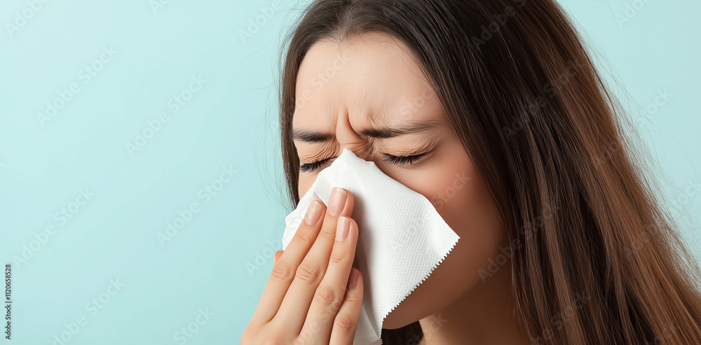 Woman sneezing with hand holding tissue Woman sneezing with hand holding tissue