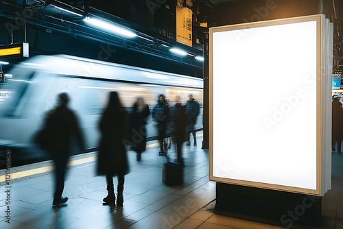 Metropolitan subway station with commuters and bright blank advertisement : Generative AI