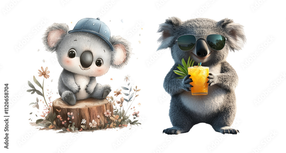 Fototapeta premium Cute Koalas with Summer Drinks on Transparent Background