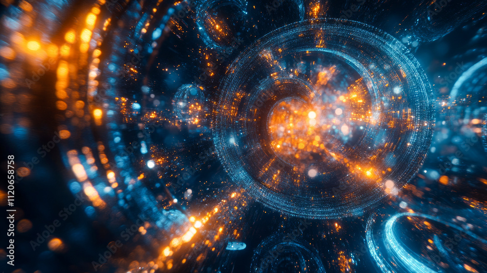Obraz premium Glowing abstract energy swirls with orange and blue light particles in motion
