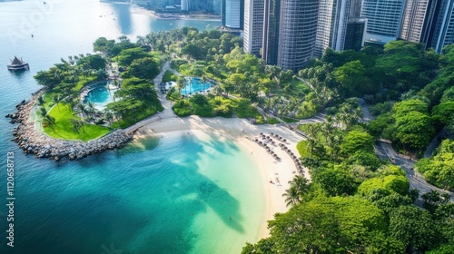 Aerial view of a serene beach surrounded by lush greenery and modern buildings.