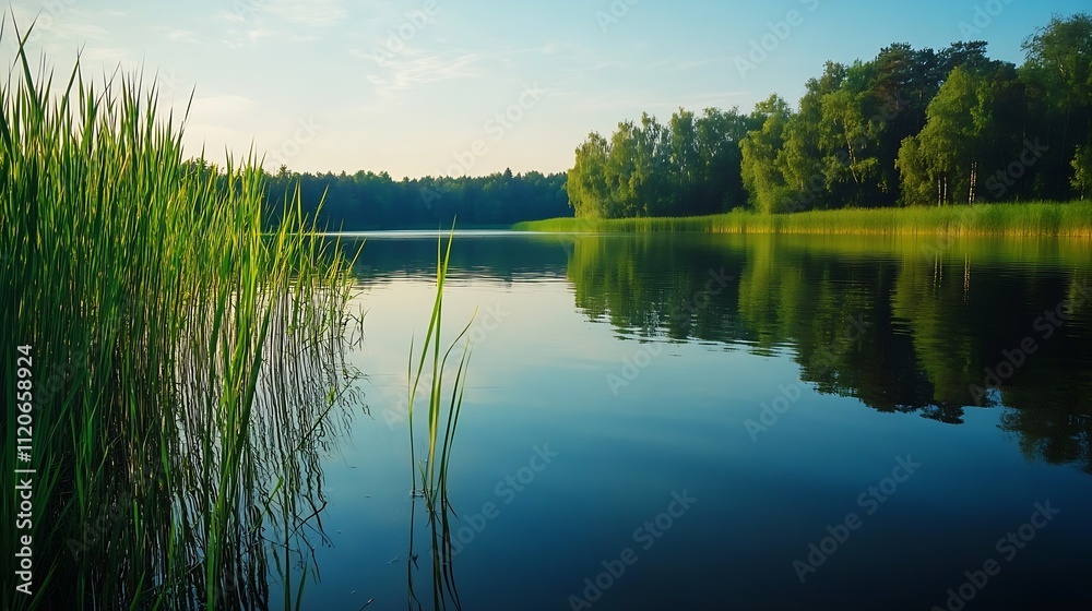 Fototapeta premium Serene Lake with Tall Reeds and Reflective Water Surrounded by Forest : Generative AI