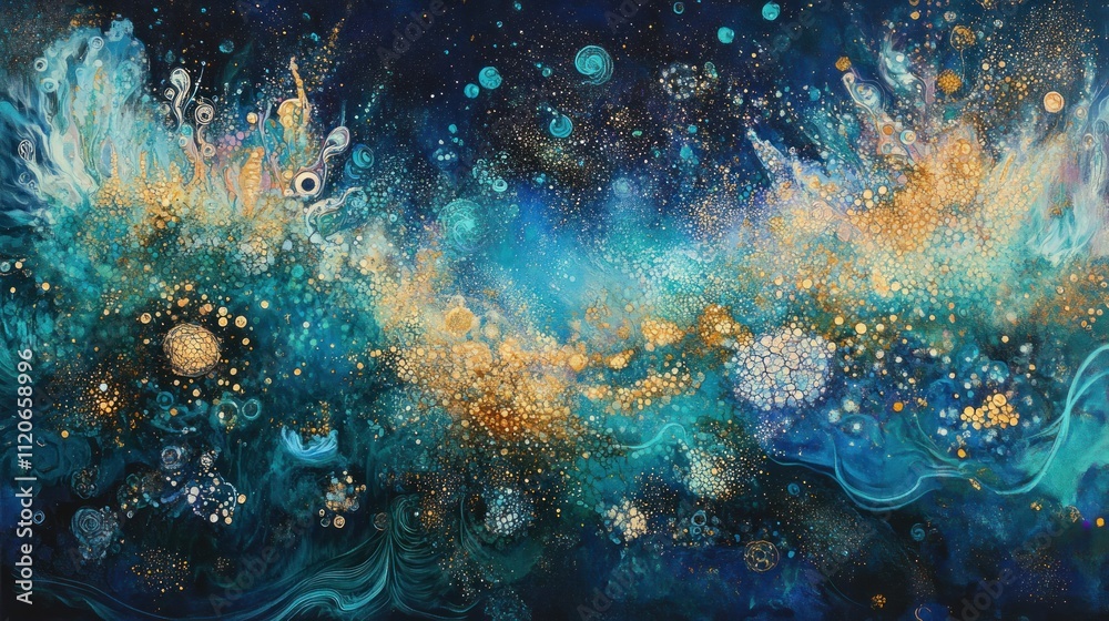 Fototapeta premium A vibrant abstract artwork featuring swirling colors and cosmic elements.