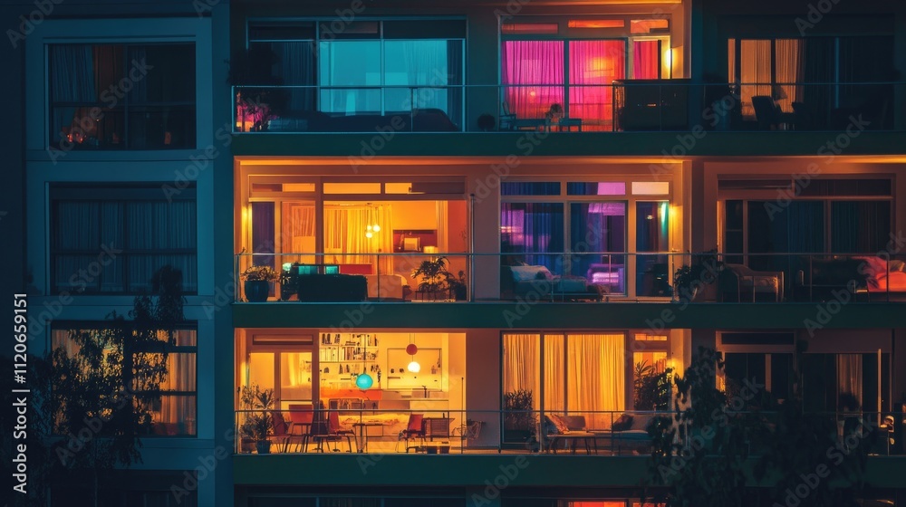 Night view of illuminated apartment building balconies and windows. Night view of illuminated apartment building balconies and windows.