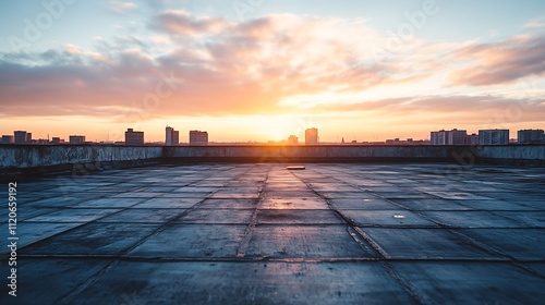 Urban Skyline Sunrise View from Rooftop with Dramatic Skyscape Above City Buildings : Generative AI