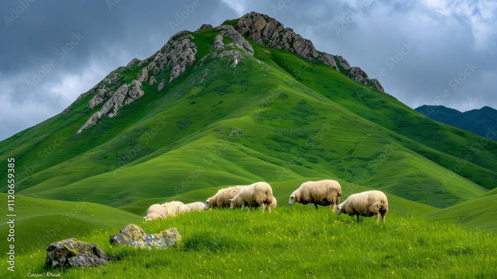 Fototapeta premium Serene Sheep Grazing on Lush Green Mountain Pasture