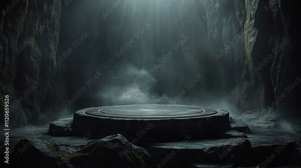 Mystical Stone Platform in Dark Cave with Ethereal Light and Mist Dramatic Shadows Mystical Stone Platform in Dark Cave with Ethereal Light and Mist Dramatic Shadows