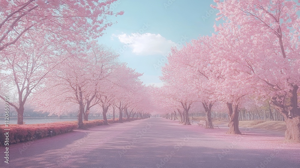 Cherry blossom trees in full bloom, creating a soft pink canopy over a scenic park Cherry blossom trees in full bloom, creating a soft pink canopy over a scenic park