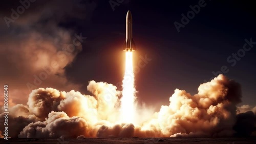 Rocket launch at dawn showcases powerful propulsion and vibrant flames