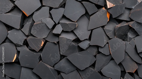 A close-up of dark, fragmented rock pieces with sharp edges.
