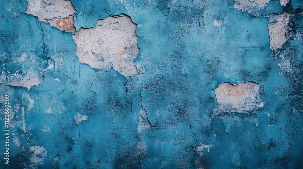 Obraz premium Weathered Blue Plaster Wall Texture with Peeling Layers and Rustic Charm : Generative AI