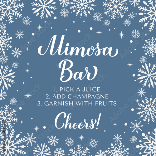 Mimosa Bar sign. How to make mimosas. Winter bubbly bar sign. Vector template for typography poster, banner, flyer, etc.