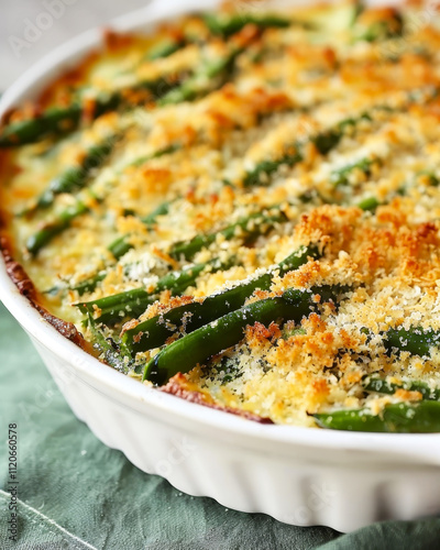 Aromatic roasted green beans with parmesan in white bowl on the marble countertop,Japanese influence photo