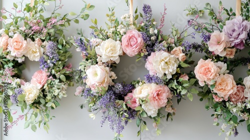 DIY floral wreaths with a mix pink, lavender, and white flowers to hang on doors or walls.