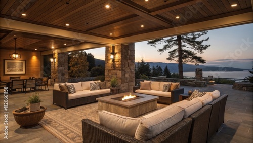 An inviting atmosphere is created with a combination of comfortable seating and a central fire feature. The elegant layout encourages conversation with guests seated around the