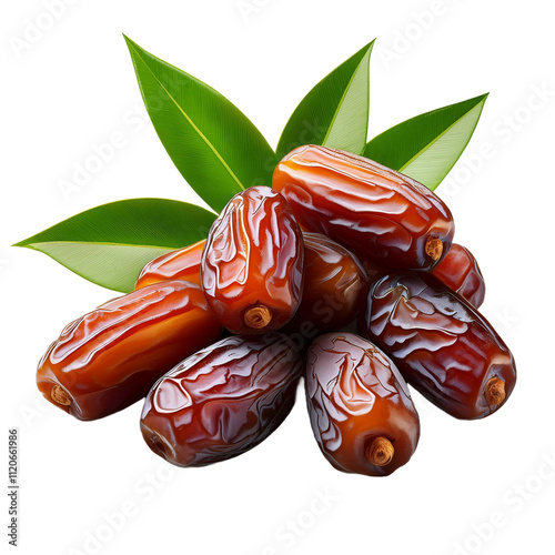 Big dates isolated on a white background. Includes a heap of dry date fruits, such as Medjool or Majhool dates, with green leaves photo