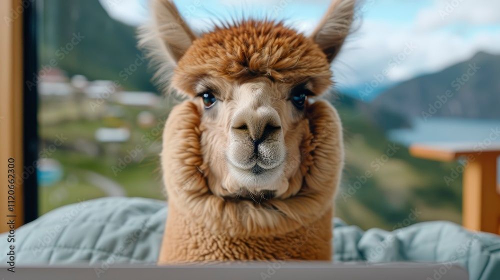 Obraz premium Adorable Alpaca Relaxing Indoors with Mountain View