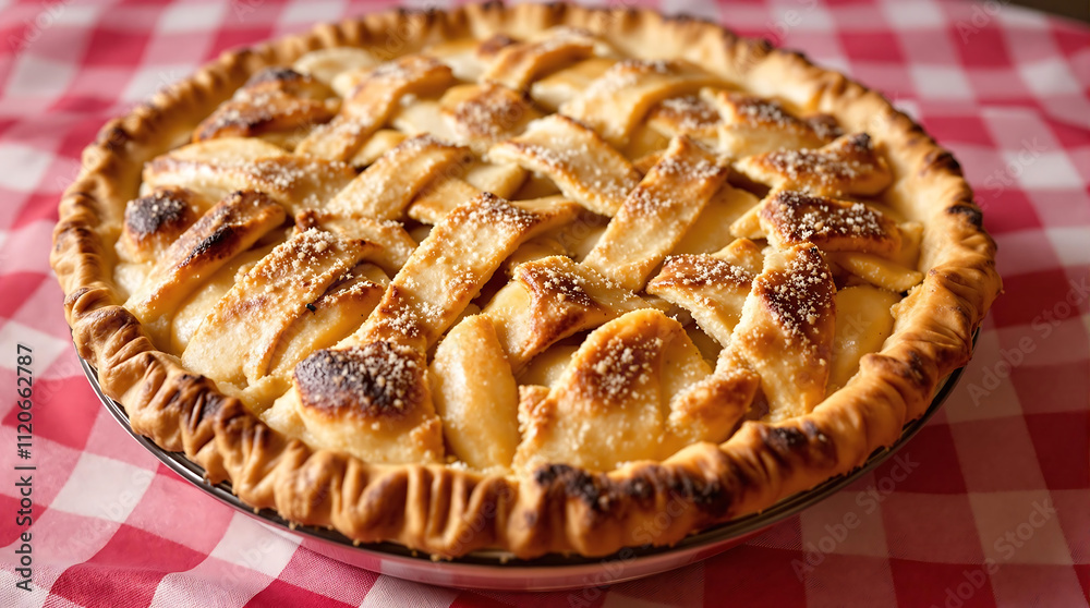Freshly baked apple pie with a golden lattice crust on a red and white checkered tablecloth, perfect for Thanksgiving recipes, autumn promotions, or showcasing homemade treats. Freshly baked apple pie with a golden lattice crust on a red and white checkered tablecloth, perfect for Thanksgiving recipes, autumn promotions, or showcasing homemade treats.