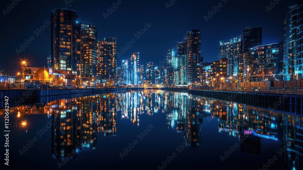 Obraz premium A stunning night view of a modern city skyline reflecting on water, showcasing vibrant lights and contemporary architecture.