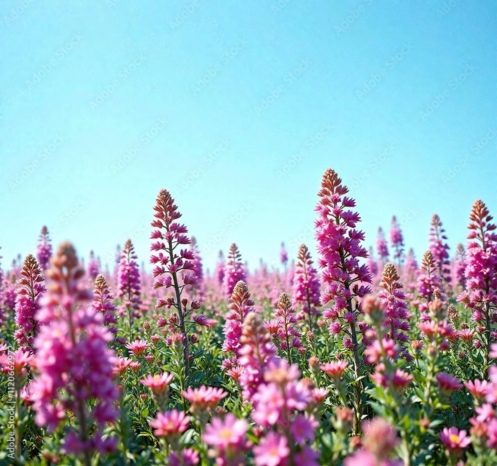 Obraz premium Overhead view of a field of pink heather flowers Calluna vulgaris in full bloom against a bright blue sky, outdoor, botanical garden , pink flowers