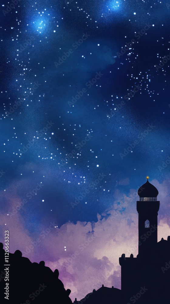 Naklejka premium Majestic Night Sky Over Kaaba Mosque Silhouette