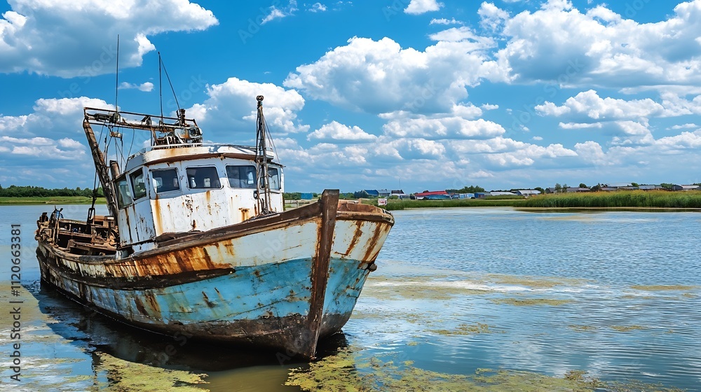 Aged Rusty Fishing Boat Docked in Calm Bay on Bright Sunny Day with Blue Skies : Generative AI Aged Rusty Fishing Boat Docked in Calm Bay on Bright Sunny Day with Blue Skies : Generative AI