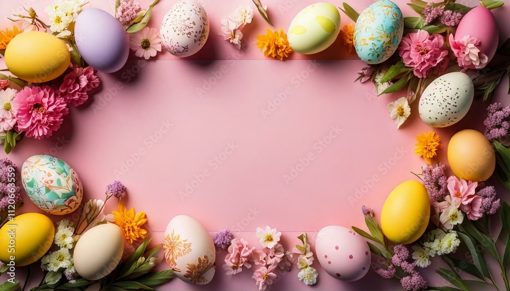 empty pastel surface with frame of easter eggs and spring flowers, background, copy space empty pastel surface with frame of easter eggs and spring flowers, background, copy space