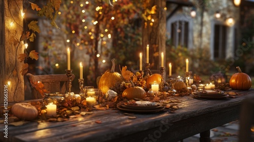 Cozy Thanksgiving table with candles, pumpkins, and autumn leaves