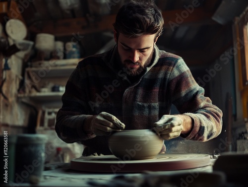 Craftsman working on a pottery wheel, shaping clay with focused creativity photo