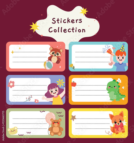flat design vector kids sticker label set collection printable. Empty note for childish kindergarten elementary school stationery stickers with cute illustration
