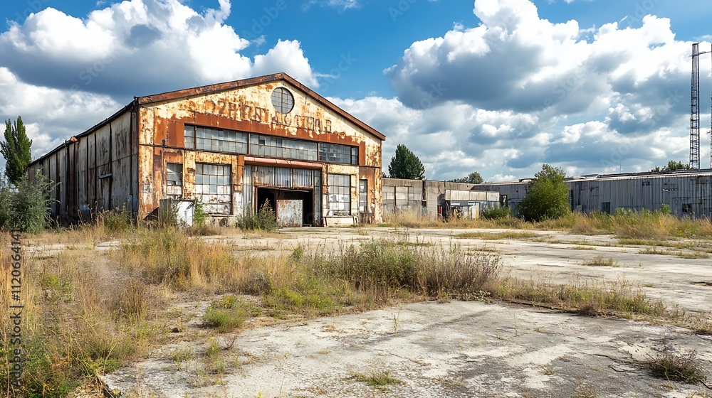 Abandoned Industrial Warehouse with Rusted Exterior Under Blue Skies and White Clouds : Generative AI Abandoned Industrial Warehouse with Rusted Exterior Under Blue Skies and White Clouds : Generative AI