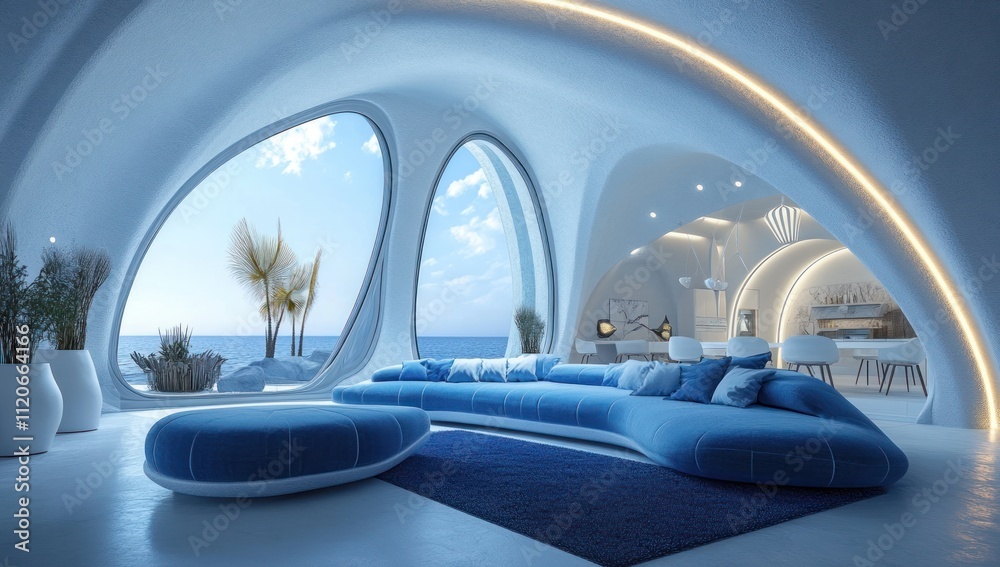 Futuristic oceanfront living room with curved walls, blue sofa, and large windows. Futuristic oceanfront living room with curved walls, blue sofa, and large windows.