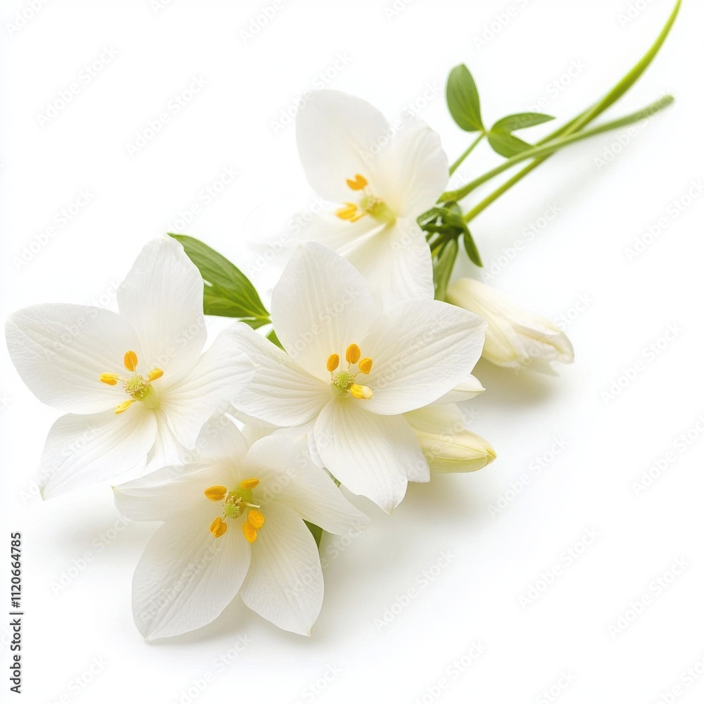 Obraz premium Elegant white flowers with green leaves, isolated on a clean background.